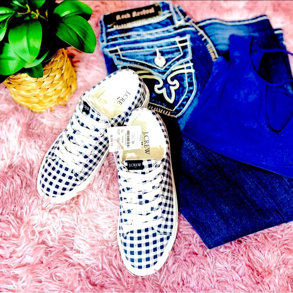 J. Crew Women's Blue and White Checkered Sneakers